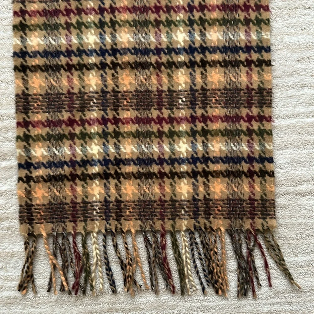 Made in Scotland 100% Cashmere Scarf Classic Tan and Multi Plaid Fringe Ends